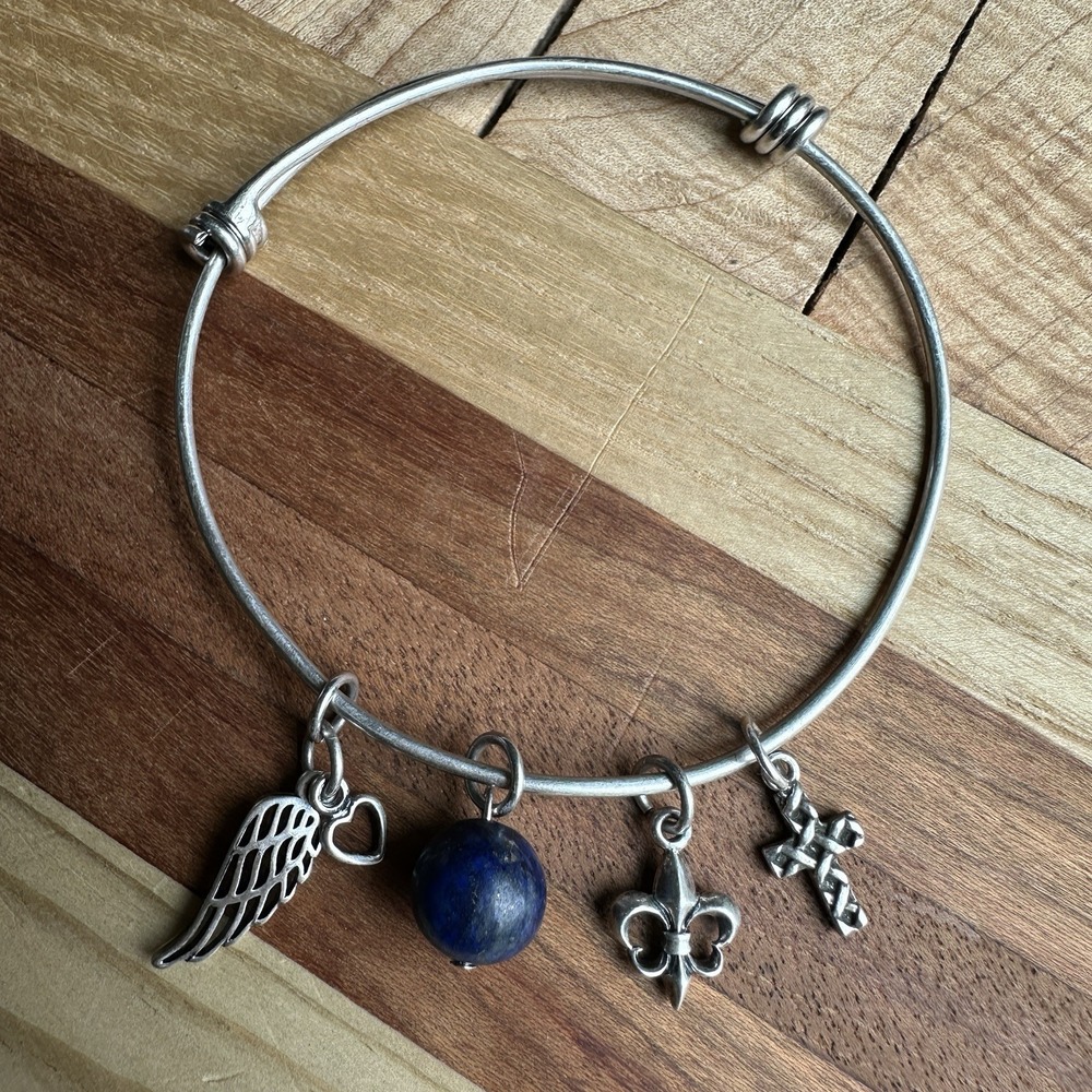 VTG Bangle‎ Bracelet 7 Inch Adjust Cross Wing FDL Lapis Bead 925 Sterling 10.7g